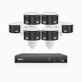 FDH600 - 6MP 8 Kanal PoE Panorama Überwachungskamera-Set mit 6 Kameras, zwei Objektiven, 180° Ultraweitwinkel, f/1.2 Superblende, BSI-Sensor, integriertes Mikrofon, aktive Sirene und Alarm, Personen-und Fahrzeugerkennung